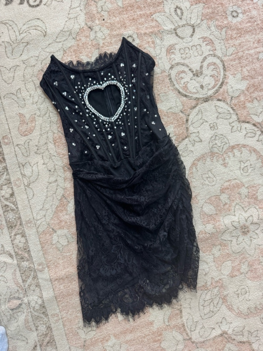 Handmade Black Lace Corset Dress with Rhinestone Heart Cutout